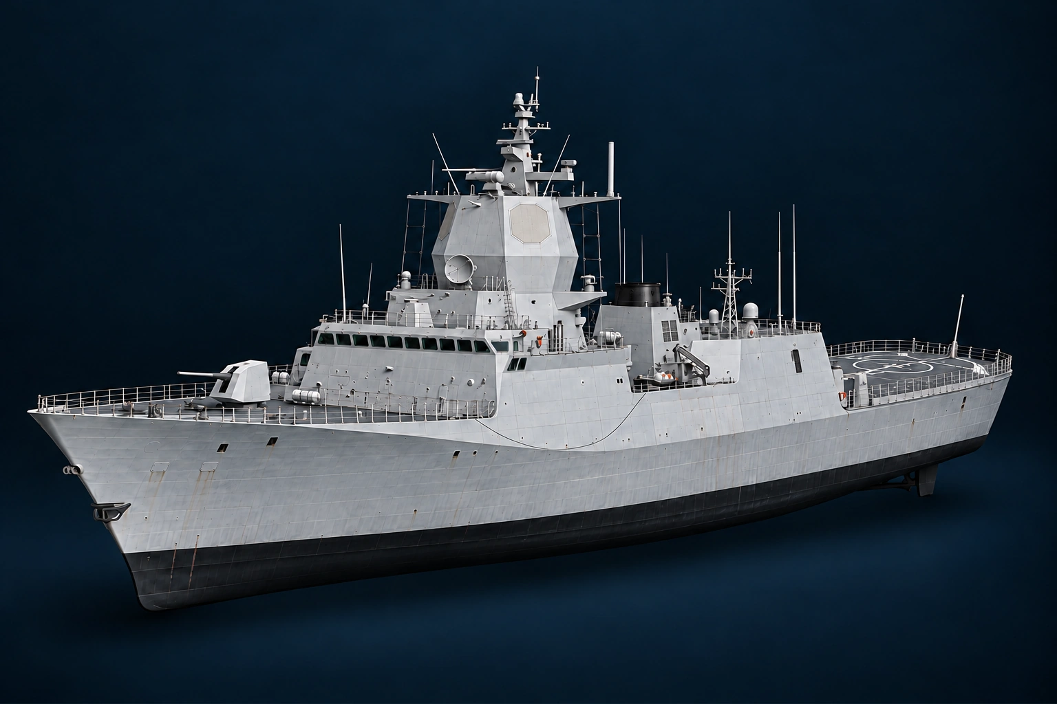 Fregatt med grått skrog, mast og svart undervannsskrog framstilt mot marineblå bakgrunn